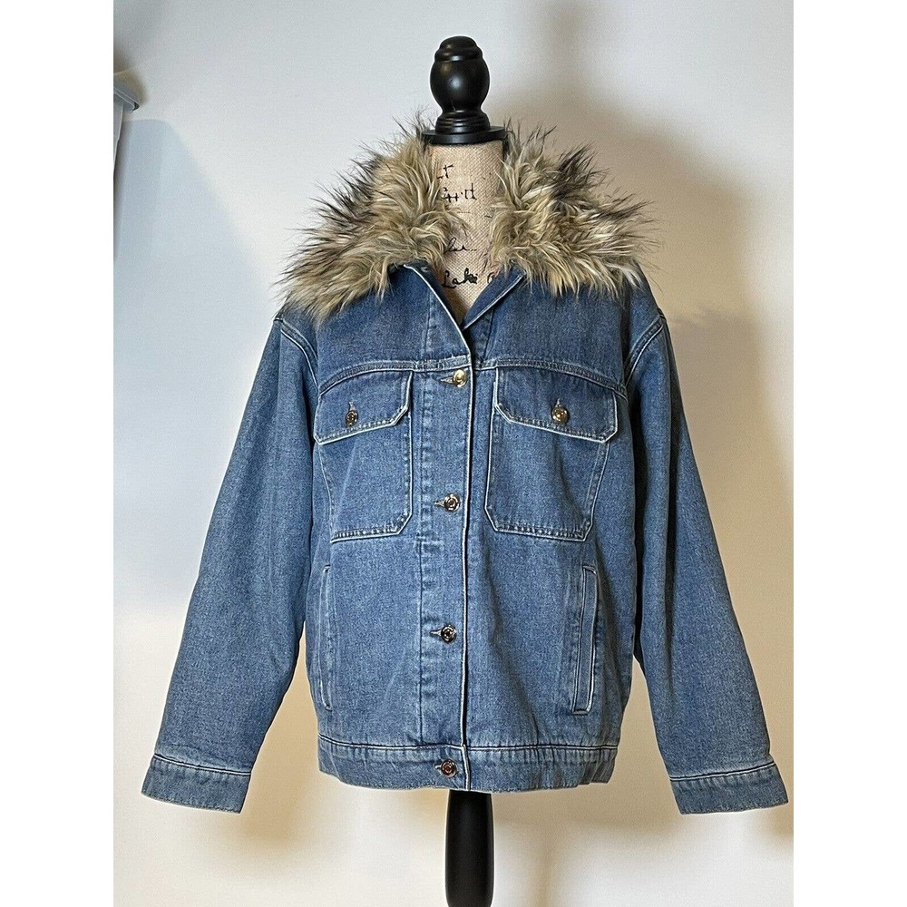 NWT Mavi Jeans Glenda Denim Jacket With Removable Faux Fur Collar Size Small